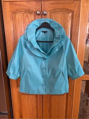 Samuel Dong Turquoise Ruffle-Collar Short Jacket